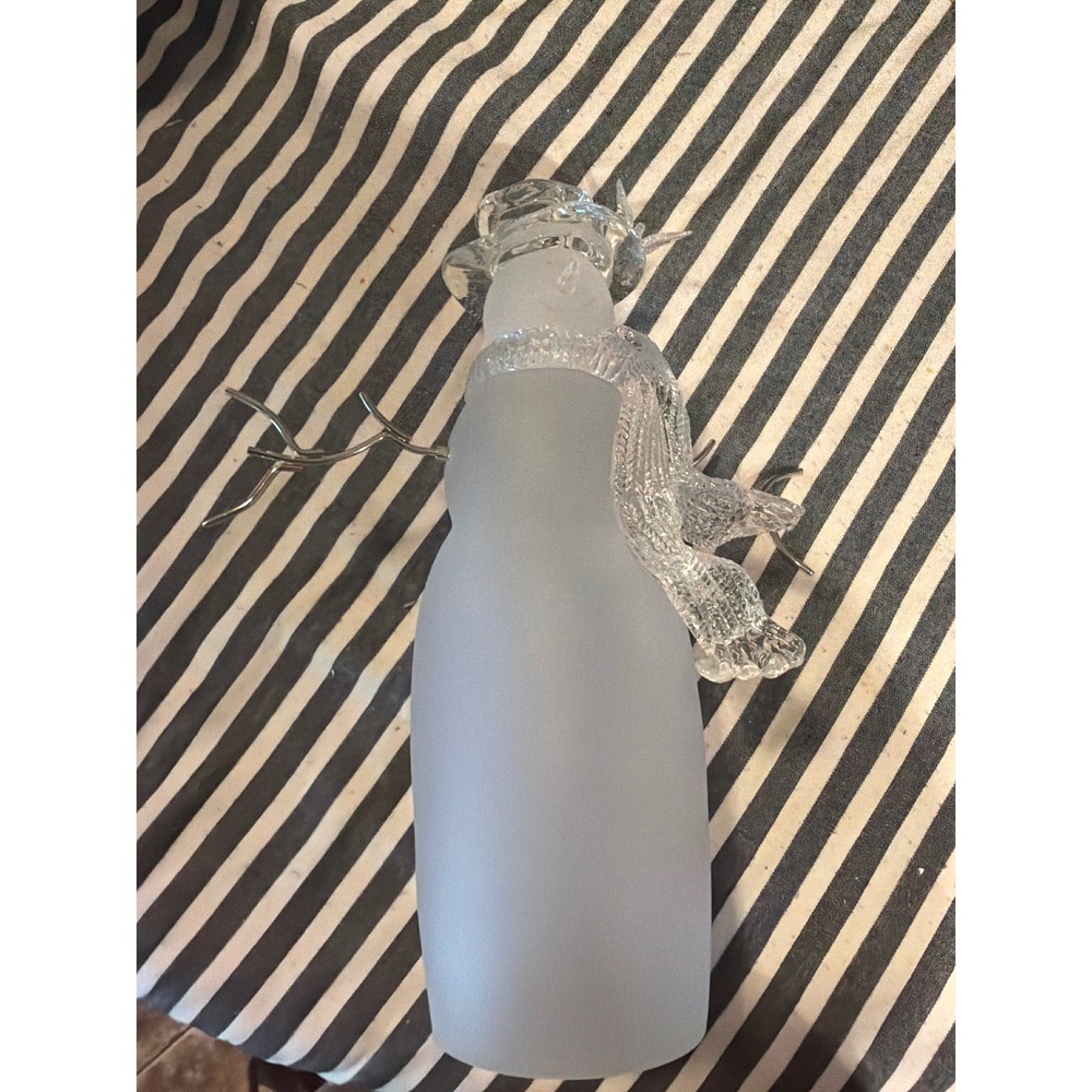 Tall‎ Frosted Glass Snowman Figurine Clear Scarf Metal Branch Arms 11.5 Inch
